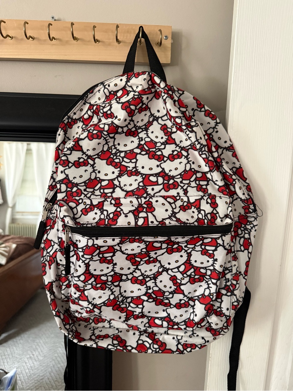 Hello Kitty White & Red Patterned Backpack with Front Zip Pocket
